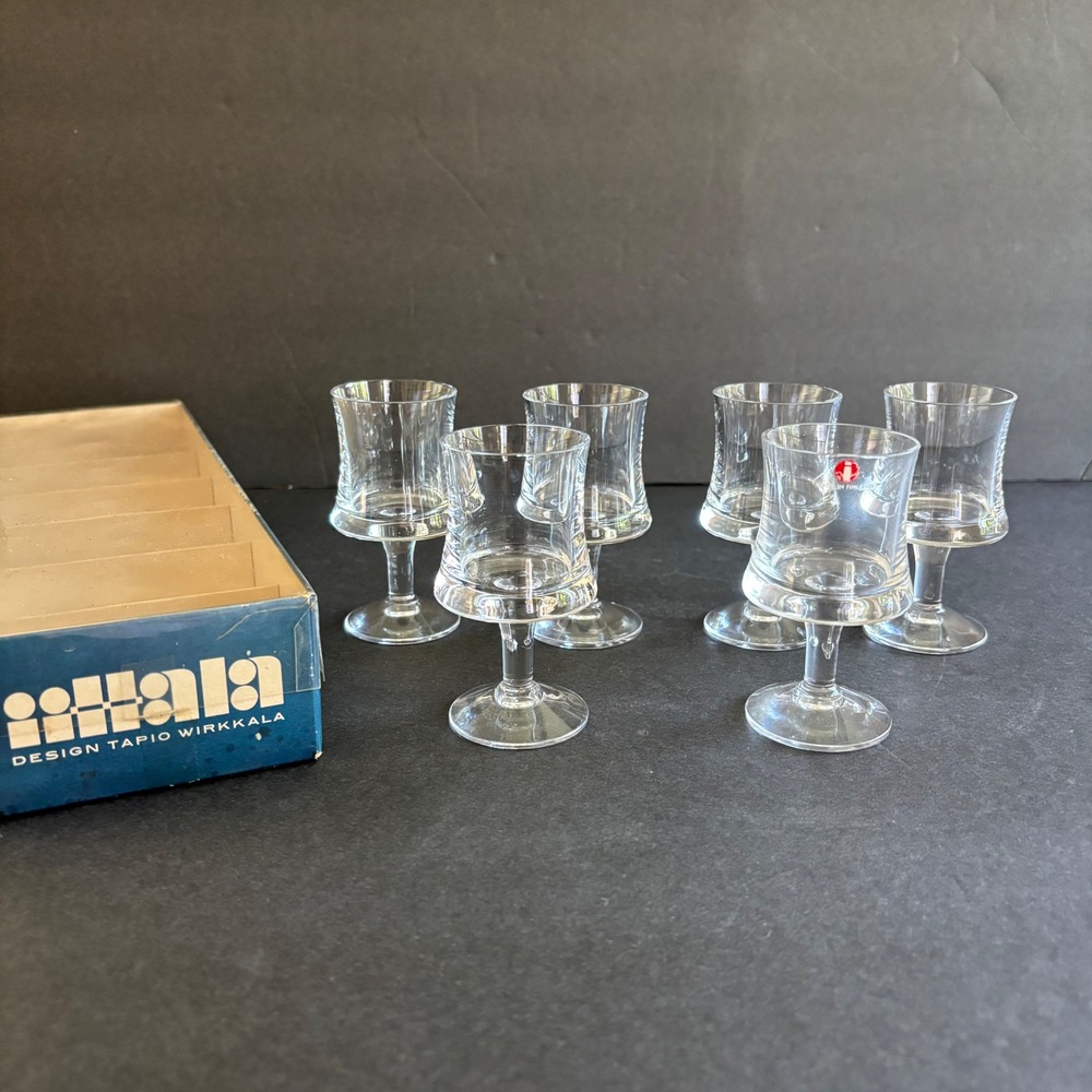 Iittala Crystal Glasses Cordial Sherry Port Grappa Set 6 Finland Vintage 1960s